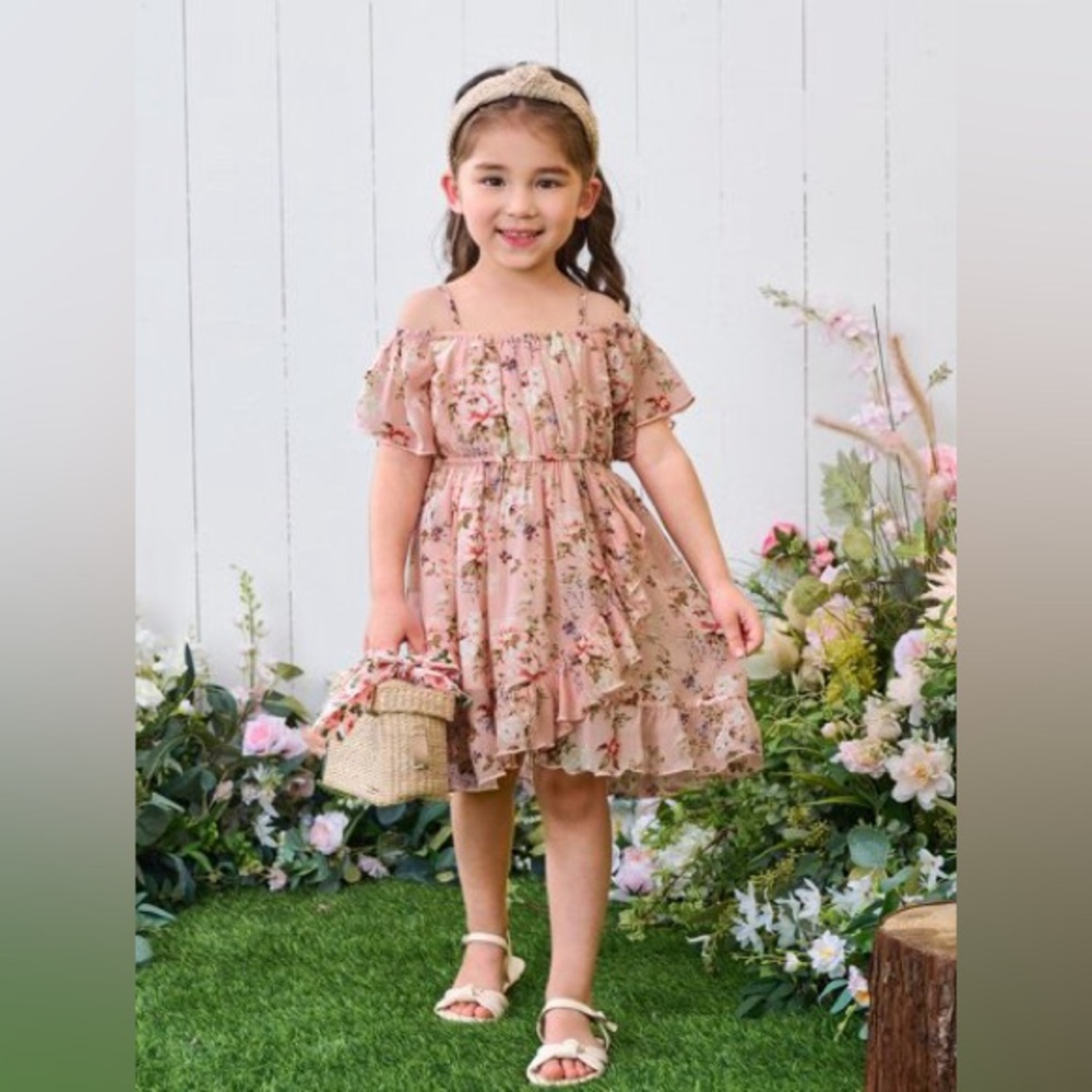 SHEIN Girl’s Floral Print Cold Shoulder Ruffle Trim Wrap Dress Size 3-4 (100)